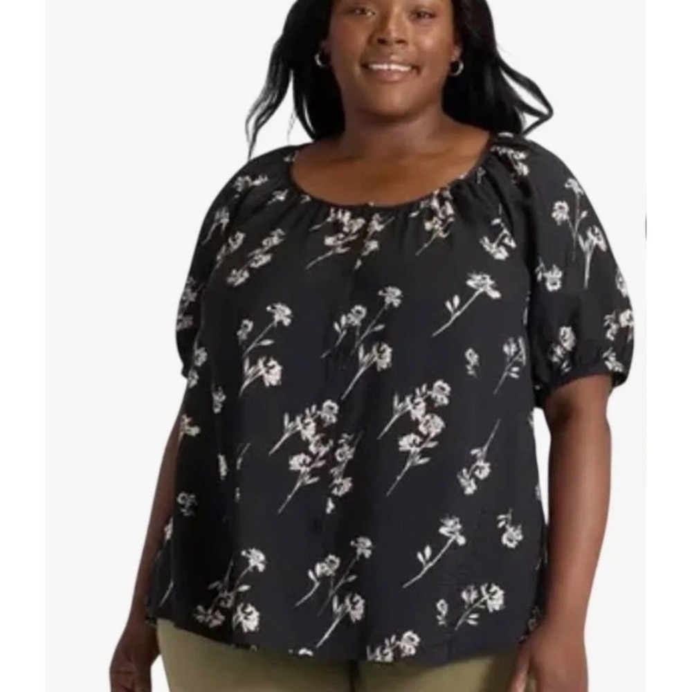 Ava & Viv Floral Button Front Top‎ Womens 1X Black New With Tags